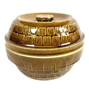 Mid 20th Century USA 9" Round Tureen Bowl Casserole w/Lid Brown Shingle Pattern